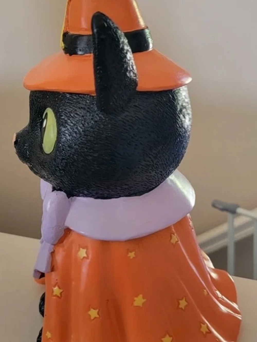 Black Halloween Cat Figurine with Orange Witch Hat and Cape